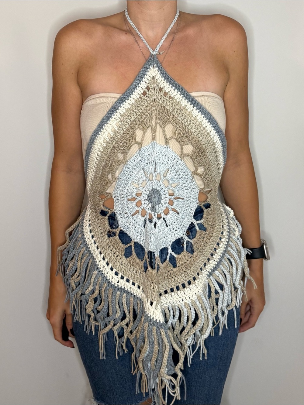 Crochet Fringe Halter Top in Cream, Beige & Blue